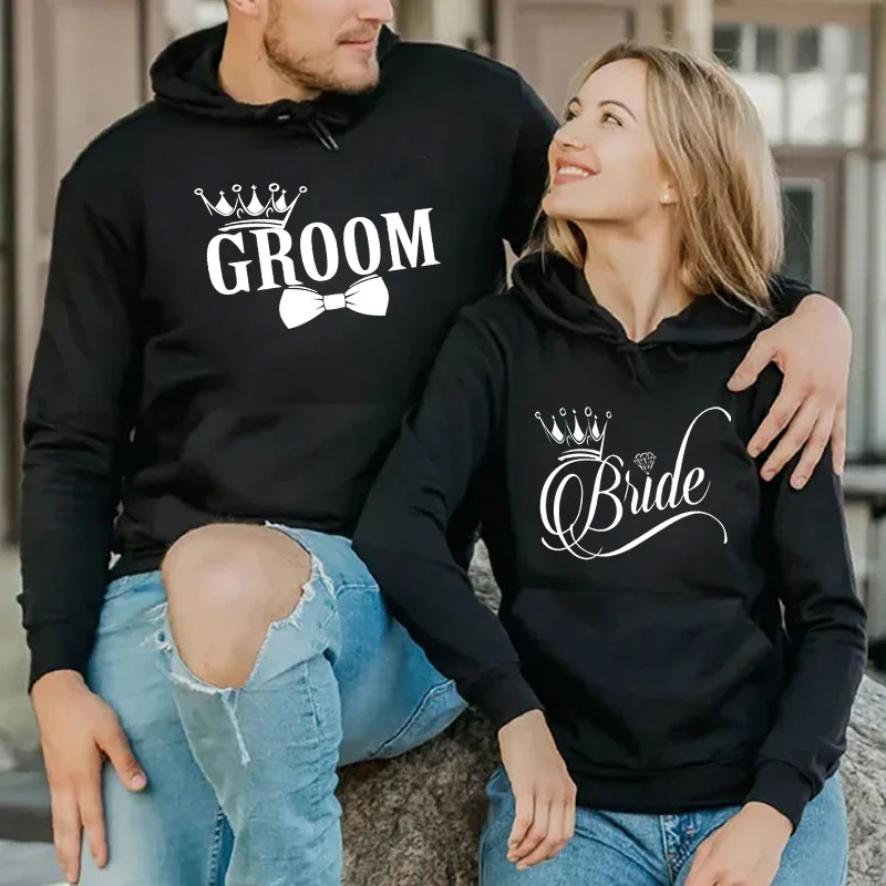 

Honeymoon Hoodie Bridegroom Casual Long Sleeves Matching Outfits for Couples Graphic Crown Tie Diamond Ring New Design Lover Top