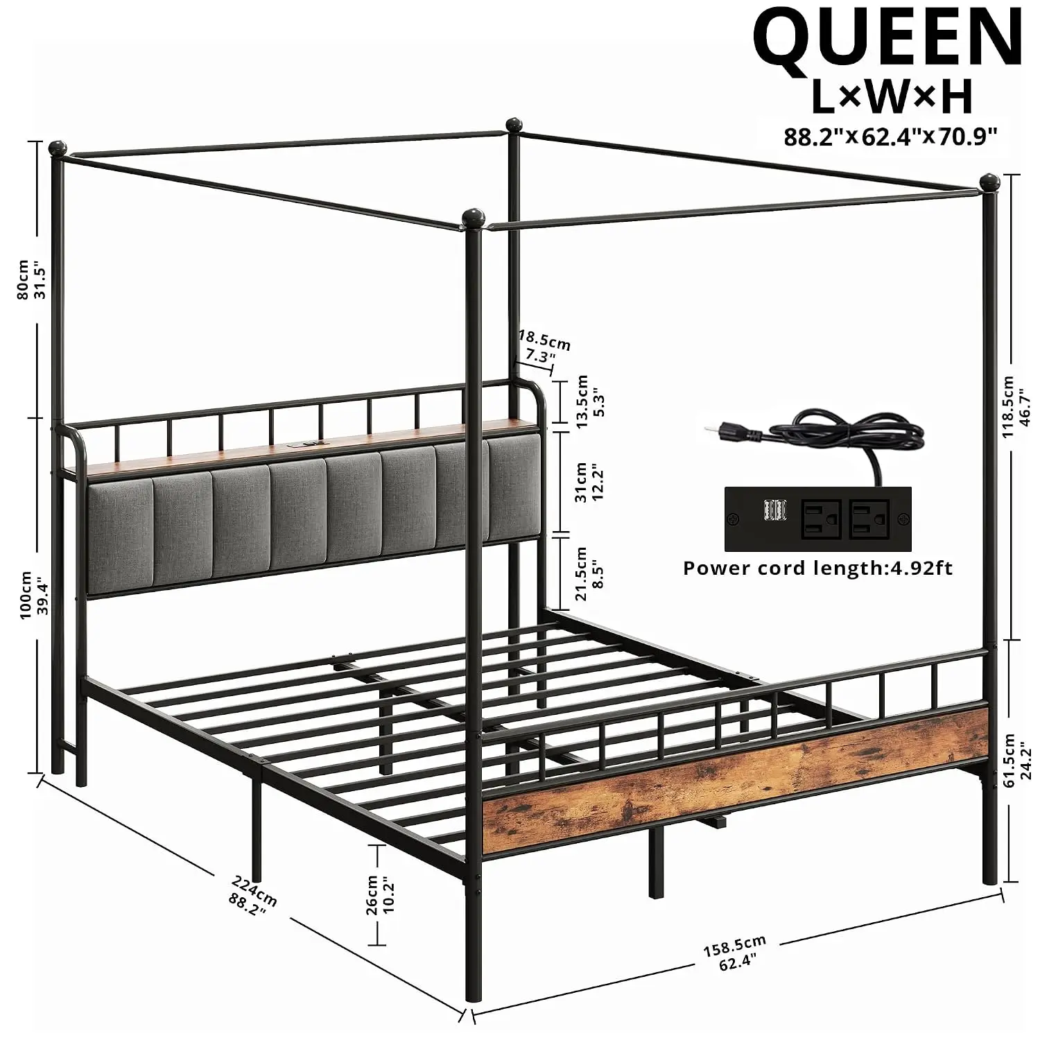 Canopy Bed Frame Queen, Storage Headboard with Charging Station, Platform Bed with 4 Removable Sturdy Posts, Noise, Customized