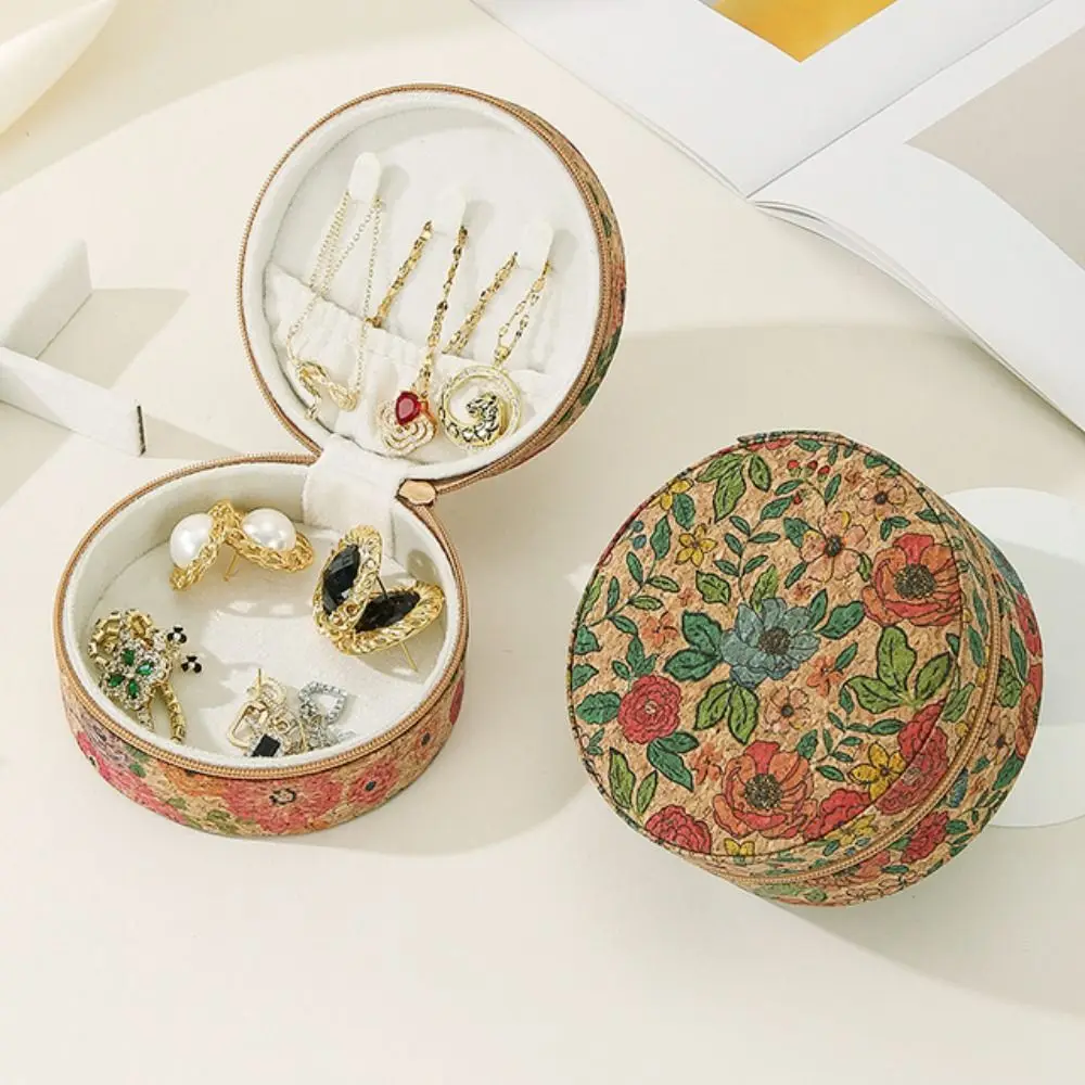 Tragbare Vintage-Schmuck-Aufbewahrungsbox mit Reißverschluss, Böhmen-Halsketten- und Ringetui, tragbarer runder Ohrring-Organizer für Damen