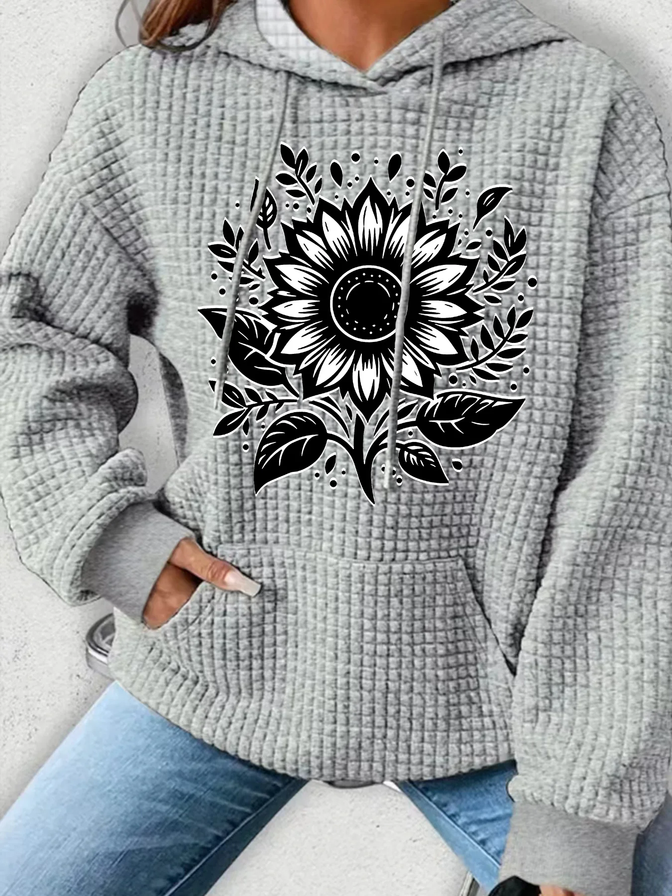 Plus Size Women Clothing Waffle Knit Tops For Women Black Sunflower Printed Oversize Hoodies for Women With Pocket Sweatshirt