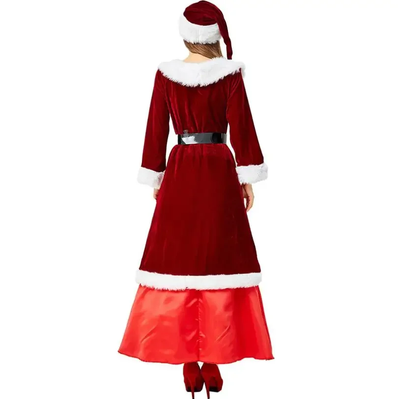 Deluxe Vrouwen Wijn Rood Fluwelen Sexy Kerst Santa Claus Kostuum Xmas Queen Cosplay Lange Jurk Met Hoed Pak