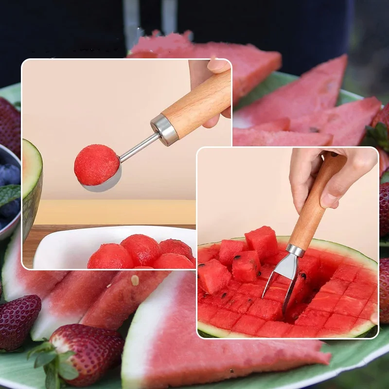 1set Watermelon Scoop Carved Knife Creative Spoon Stainless Steel Melon Cutter Fruit Slicer Fruits Platter Kitchen Gadgets