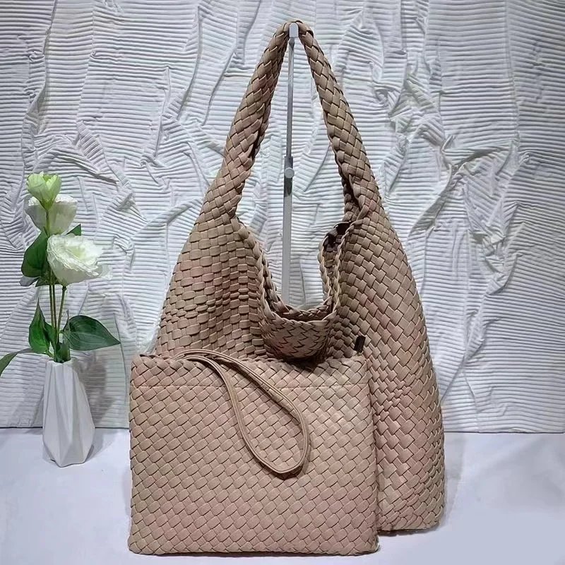 Women's large capacity handbag shoulder bag PU woven bucket bag tote bag