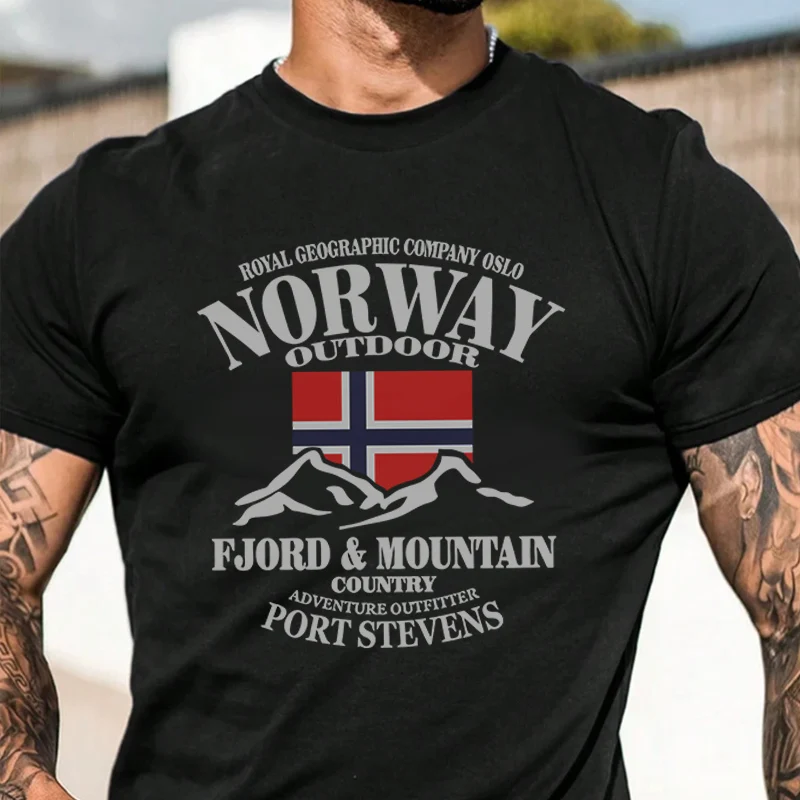 

Norway Flag Fjord Mountain Men's Graphic T-Shirt Fashionable Casual Street Style Suitable For Travel And Sports Tee