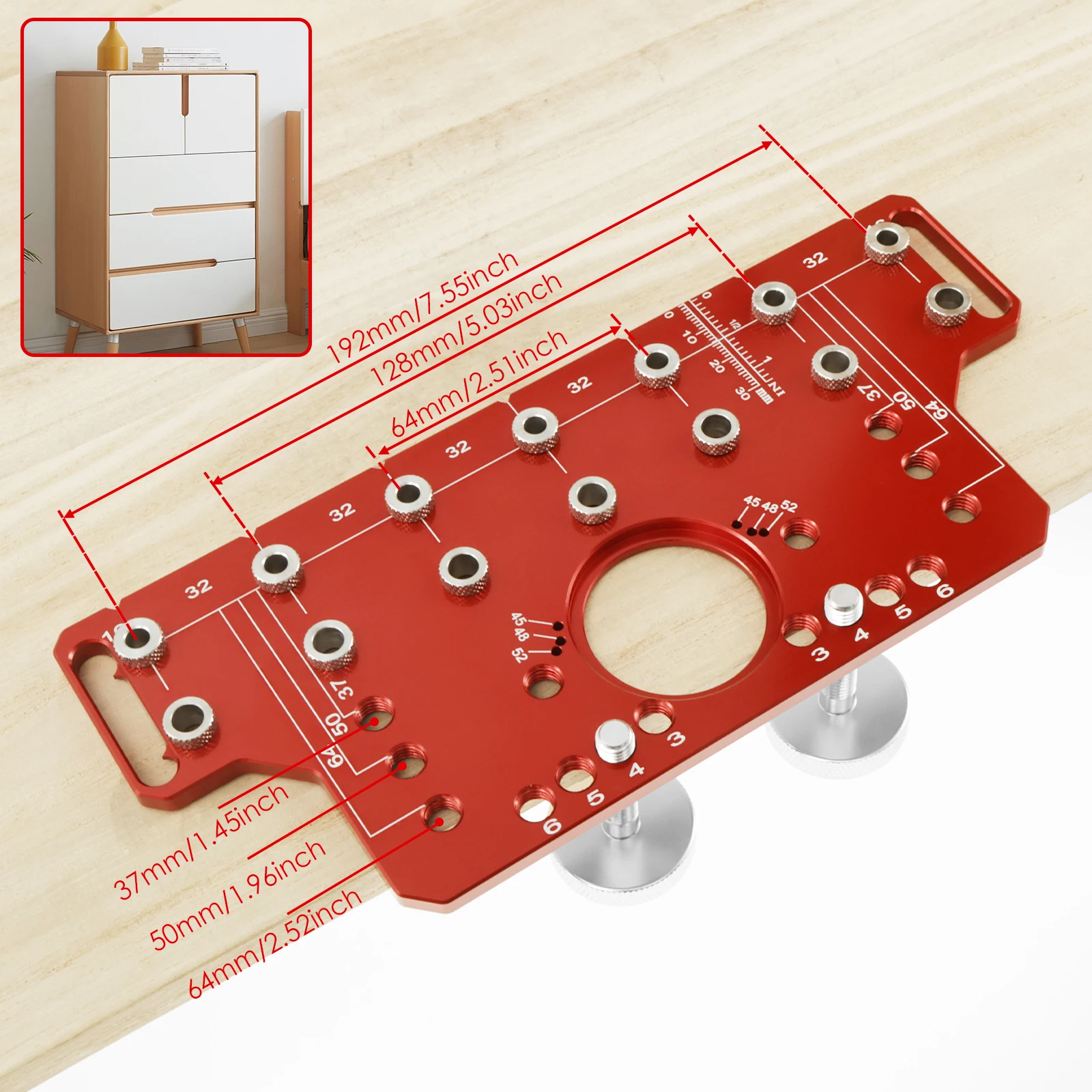 Shelf Pin Hinge Jig Aluminum Alloy Shelf Pin Drilling Guide Adjustable Cabinet Hole Drilling Template with Drill Bits All Metal