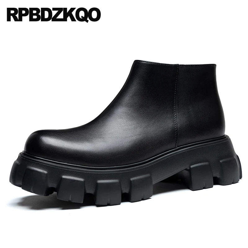 Booties Men Fur Lined Round Toe Side Zip Short Thick Harajuku Platform Shoes High Heels Boots Plain Genuine Leather Block Solid