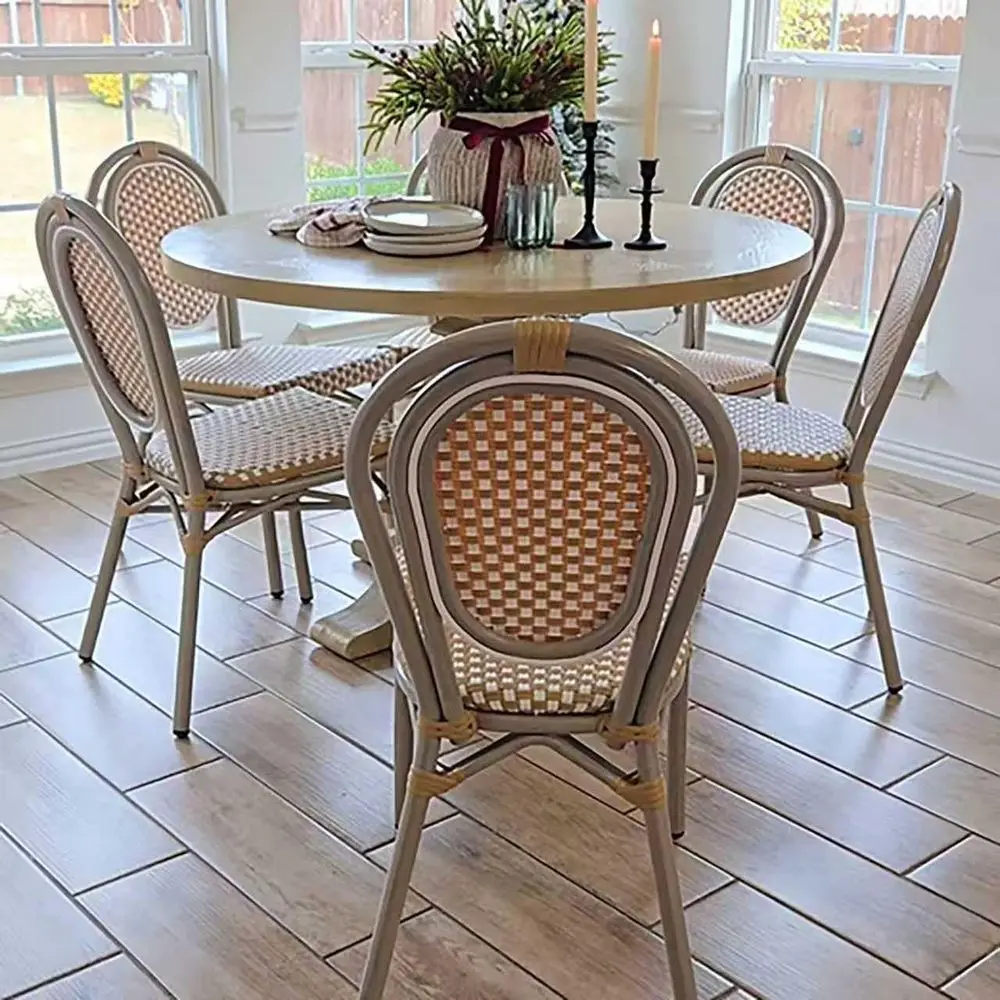 

Dining Chair Set of 2 Outdoor French Aluminium Frame in Champagne Finish with Amber & White Woven Rattan for Indoor Kitchen Deck