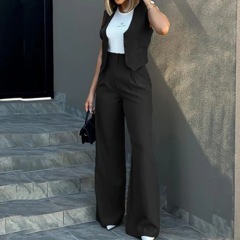 Casual Office Lady Solid New Spring Sleeveless Outfits Women Elegant V Neck Single-breasted Waistcoat Tops&High Waist Pants Set