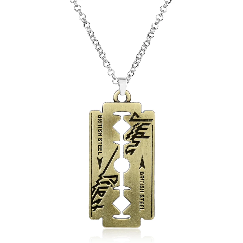 Hip Hop Rock Band Judas Priest Blade Razor Shape Pendant Necklace Long Chain Men Metal Necklace