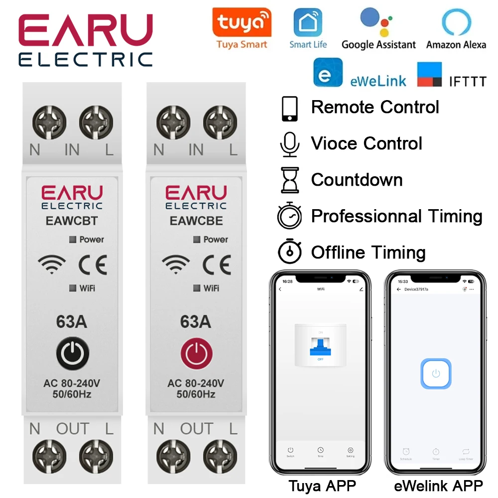 Tuya eWeLink APP WiFi Smart Circuit Breaker 1P+N 63A MCB Timer Relay Switch Voice Remote Control for Alexa Google Home Assistant