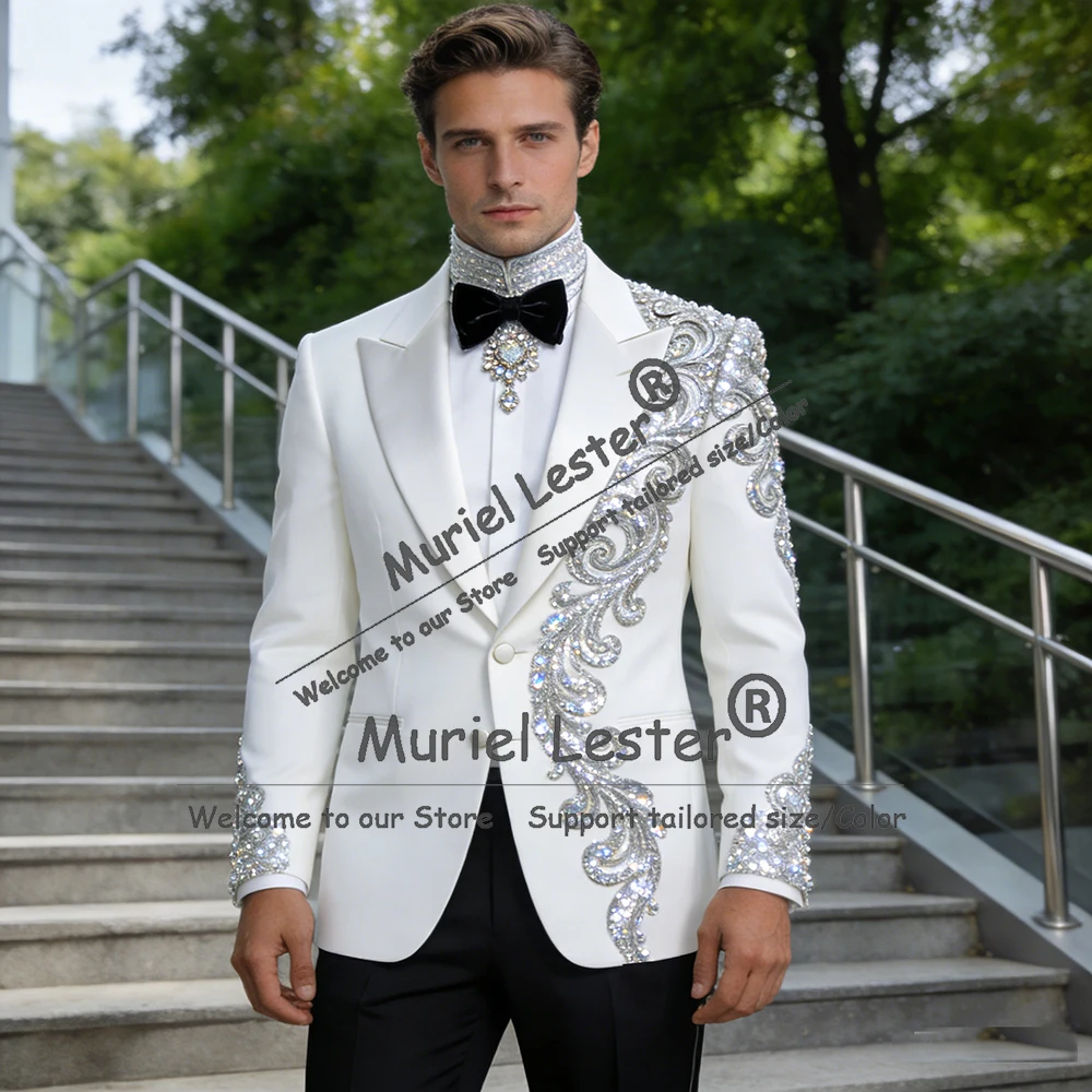 

Мужские костюмы с блестящими кристаллами и бисером для свадьбы, однобортный пиджак и брюки, комплект из 2 предметов, смокинг для жениха, официальная одежда, мужские наряды