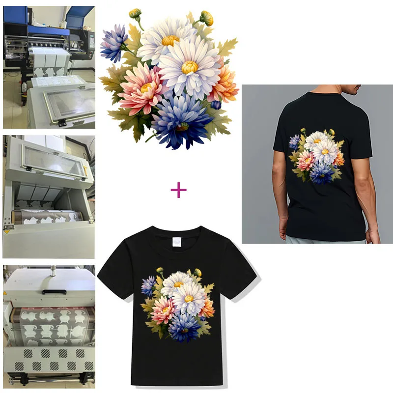 Summer Colorful blossom Chrysanthemum flower dtf Heat Transfer On Clothes ready to press patches for clothing Iron On Patches