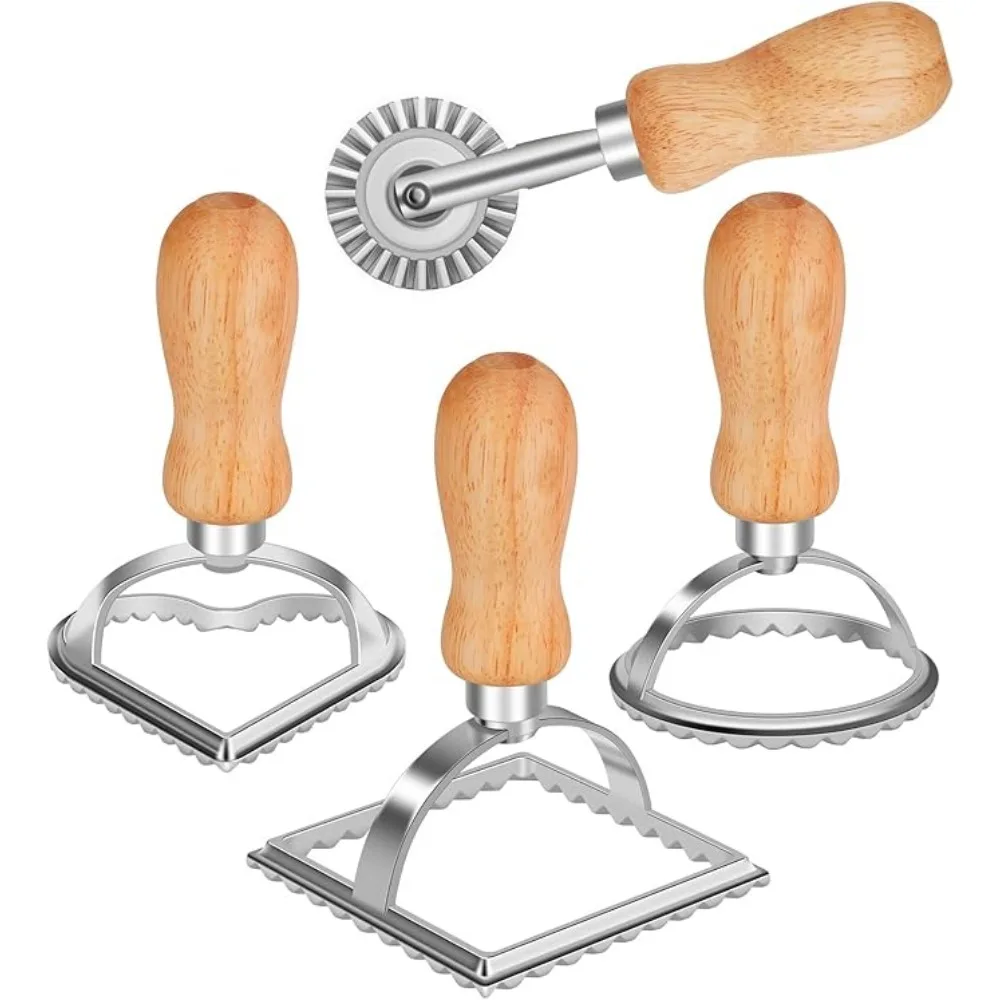 4pcs Ravioli Stamp Maker Cutter Stainless Steel Rolling Cutter with Wooden Handle for DIY Pasta Ravioli Lasagna Pie Baking Tools