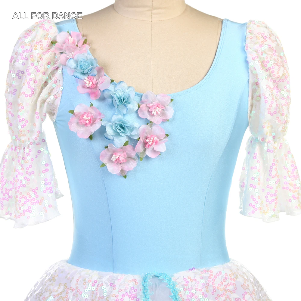 24041 New Ballet Costumes middle Sleeves Sky Blue Spandex with Flowers Romantic Ballet Dance Costumes for GroupDance