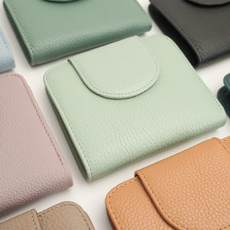 Carteira curta de couro genuíno, zíper com fivela feminina, porta-cartões dobrável, carteira feminina multifuncional