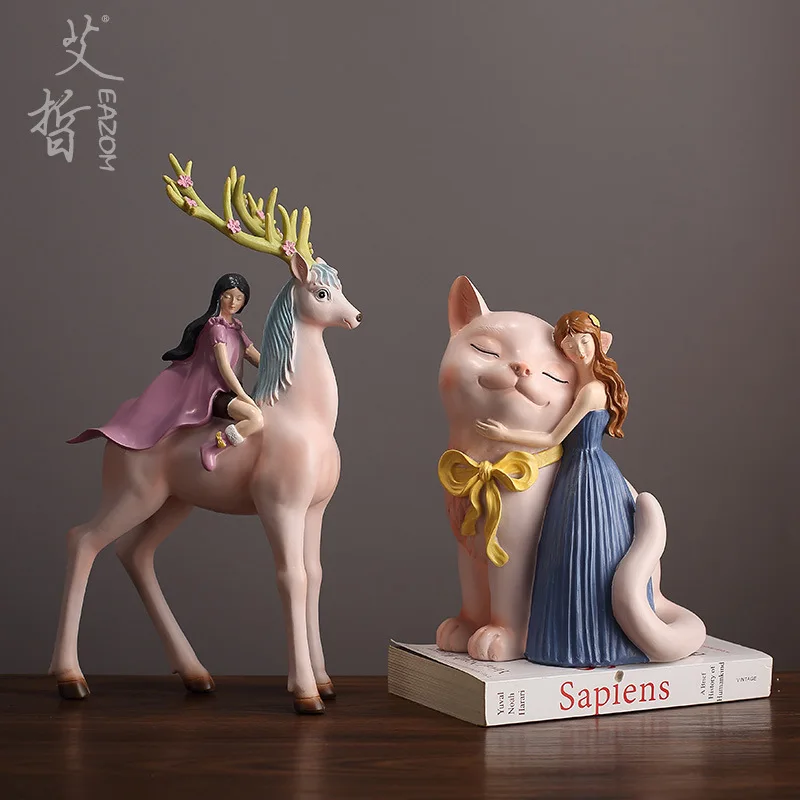 

HT style grids creative riding deer small ornaments girl gift living room bedroom resin decorations