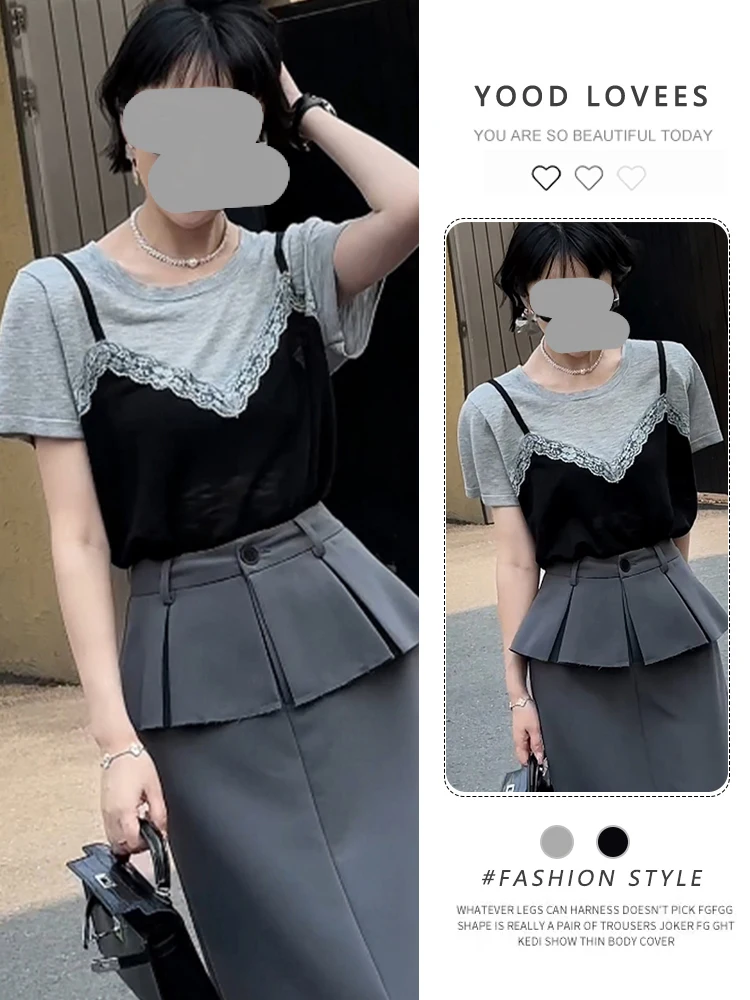 

Lace Halter Neck Top And Skirt Two-Piece Set Women's Design Sensation Summer 2026 New Style Short Sleeve round Neck Open...