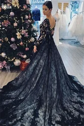 Bella Black Lace Appliques Prom Dresses A-line Tulle Wedding Dress Elegant Long Sleeves Chapel Train V-Neck Vestidos De Fiesta