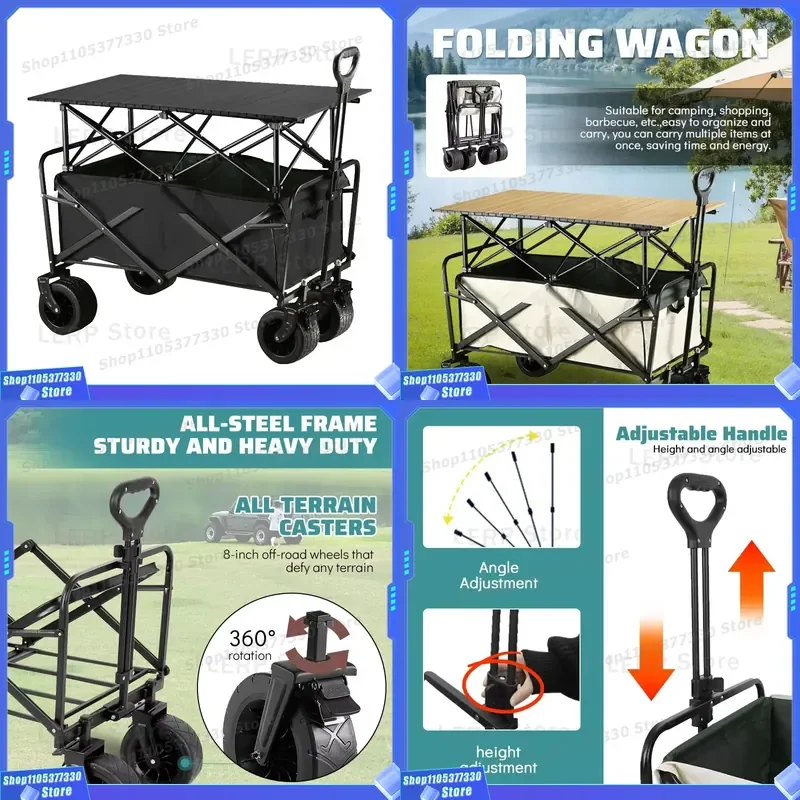 Heavy Duty Foldable Camping Trolley Portable Iron Frame Outdoor Picnic Cart Durable Collapsible Wagon for Beach Garden Custom