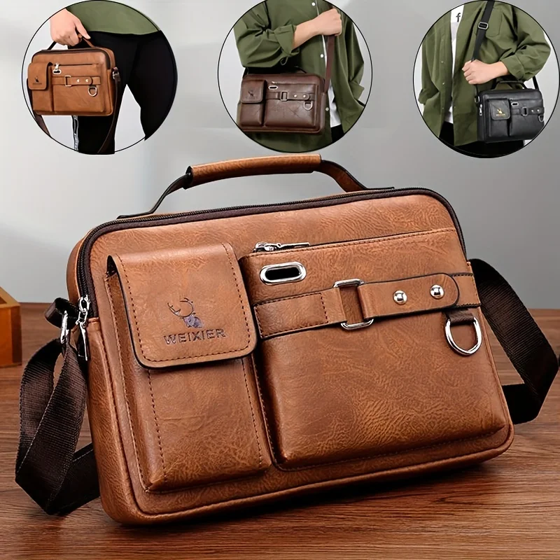 

PU Leather Messenger Bag for Men Business Crossbody Sling Shoulder Bag Multi-Pocket Casual Office Travel Laptop Satchel
