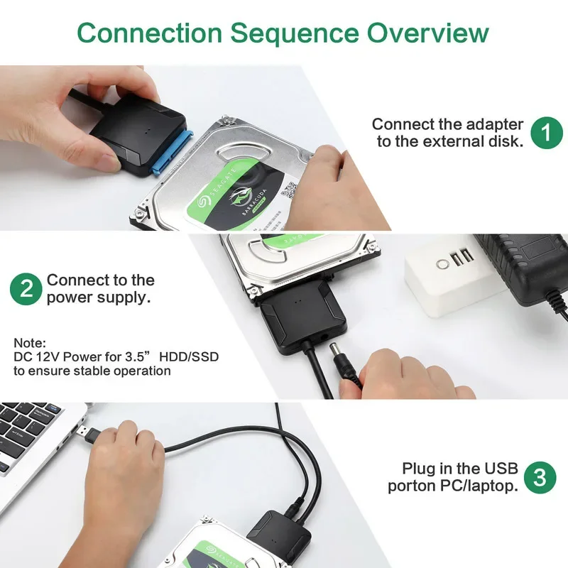 SATA to USB 3.0 Adapter Cable for 3.5/2.5 Inch External HDD SSD Adapter with 12V/2A Power Adapter SATA III Hard Drive Converter