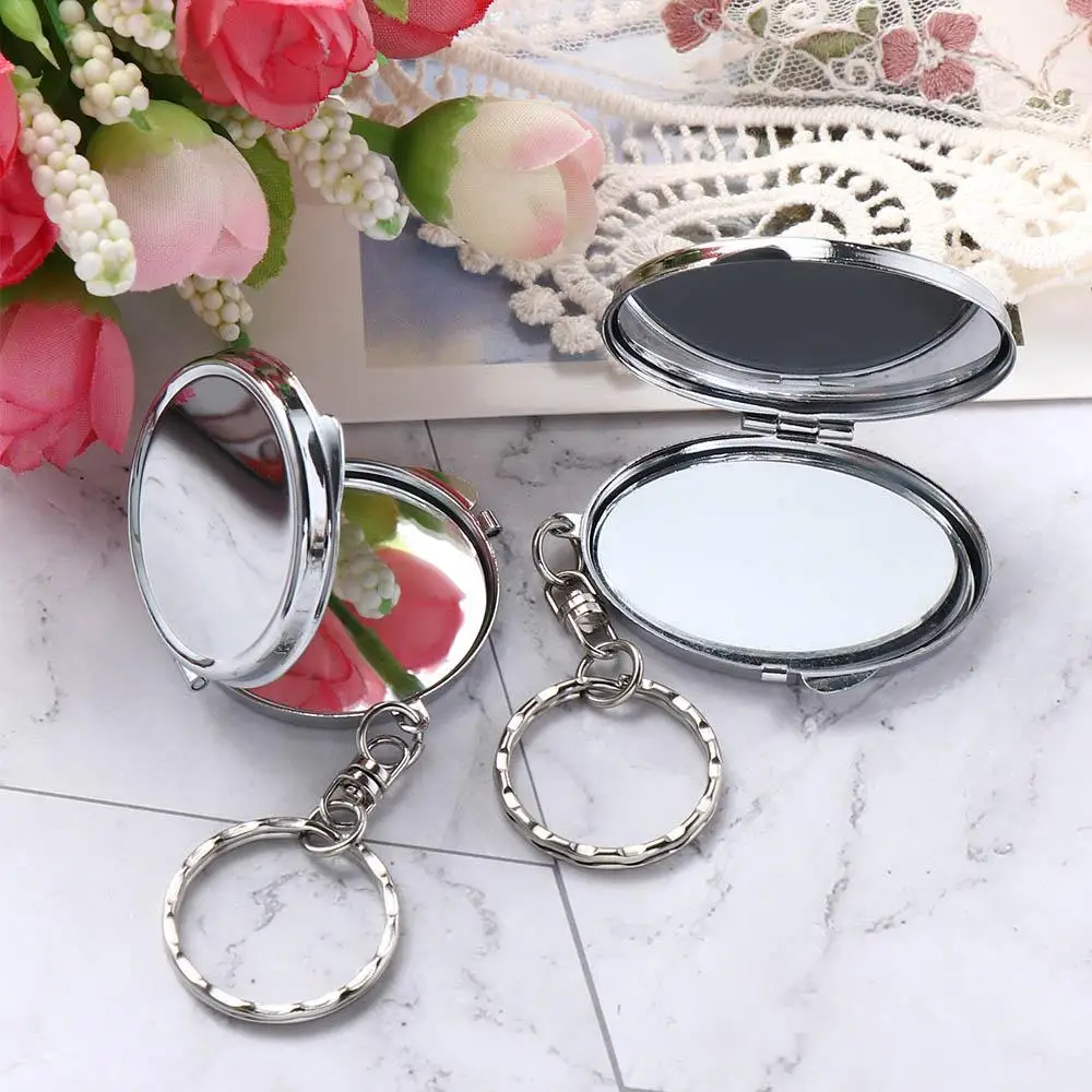 Makeup Mirror Folding Mirror Key Chain with Key Ring Metal Makeup Cosmetic Mirror Key Ring Portable Round Heart