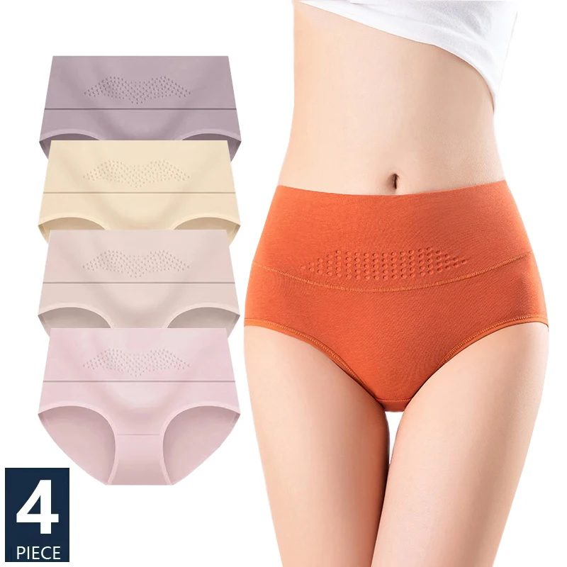 4Pcs Women\'S Cotton Panties High Waist Body Shaper Underwear Plus Size M-5XL Sexy Ladies Briefs Breathable Solid Female Lingerie