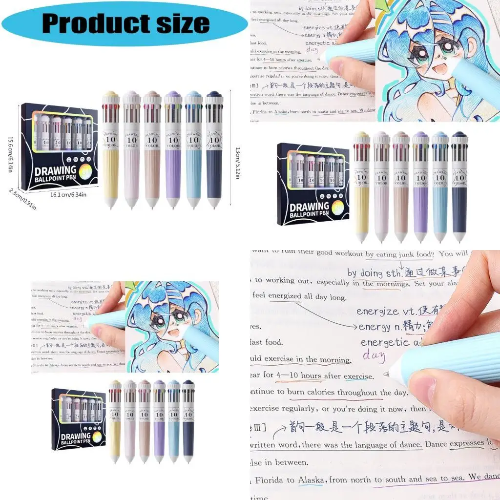 F42D 6Pcs Multicolor Pen 10-Color-in-1 Pen Multicolored Ballpoint Pens 0.8MM Tip for Color Coding Writing Drawing Journaling