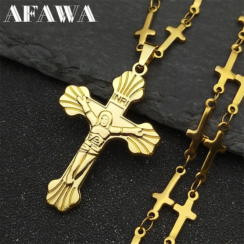 INRI Jesus Cross Pendant Necklace for Women Men Stainless Steel Gold Color Catholic Amulet Necklaces Chain Jewelry