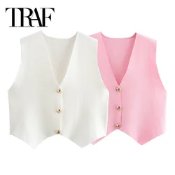 TRAF 2024 Cropped Knit Vest Women Pink White Sleeveless Vest Woman V Neck Knitted Vest Top Female Waistcoat Summer Short Coats