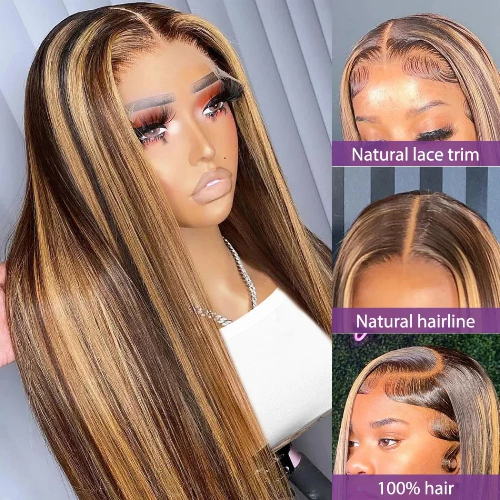 30 36 cali 4/27 Highlight Human Hair Ombre 200% Bone Straight 13x4 Lace Frontal Wig Brazilian Remy 13X6 Lace Front Wig For Women