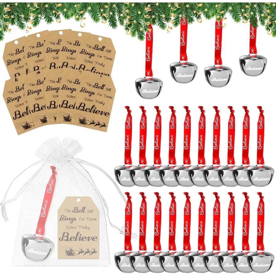 24 قطعة أجراس مزلقة فضية مجموعة زينة عيد الميلاد مع بطاقة صدق وشريط لصالح حفلات شجرة العطلات والمنزل D #1