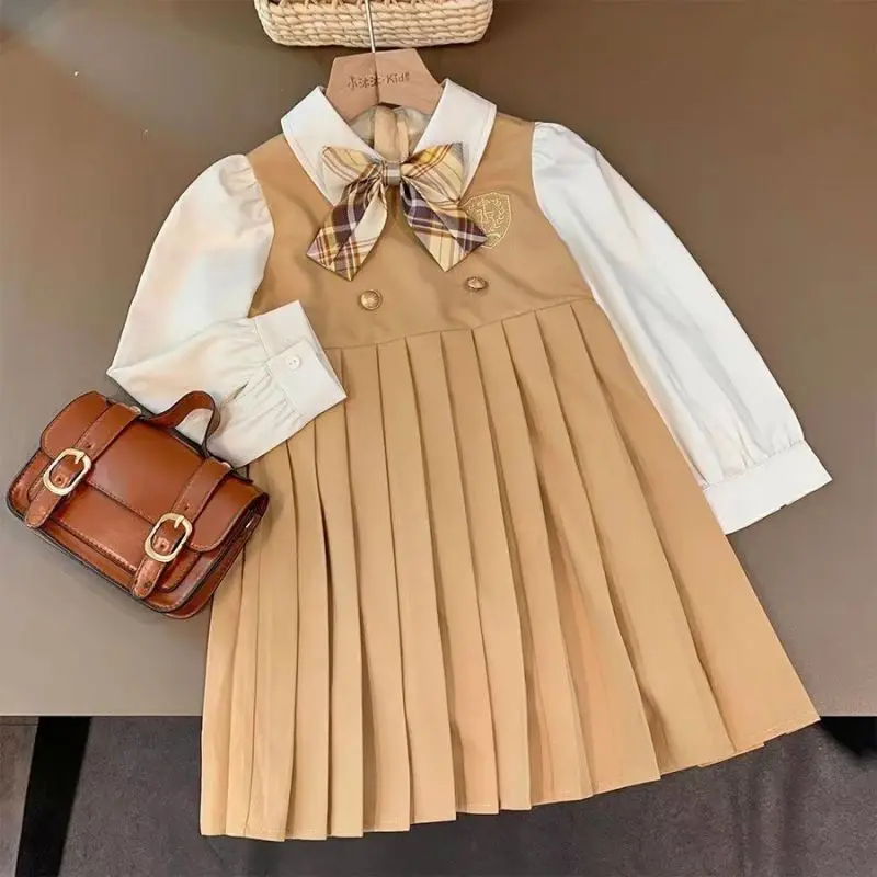 

Fashion Baby Girl Pleated Dress Long Sleeved Autumn Children Preppy Style JK Vest Skirt Baby Princess Dress Kids Clothes 1-10Y