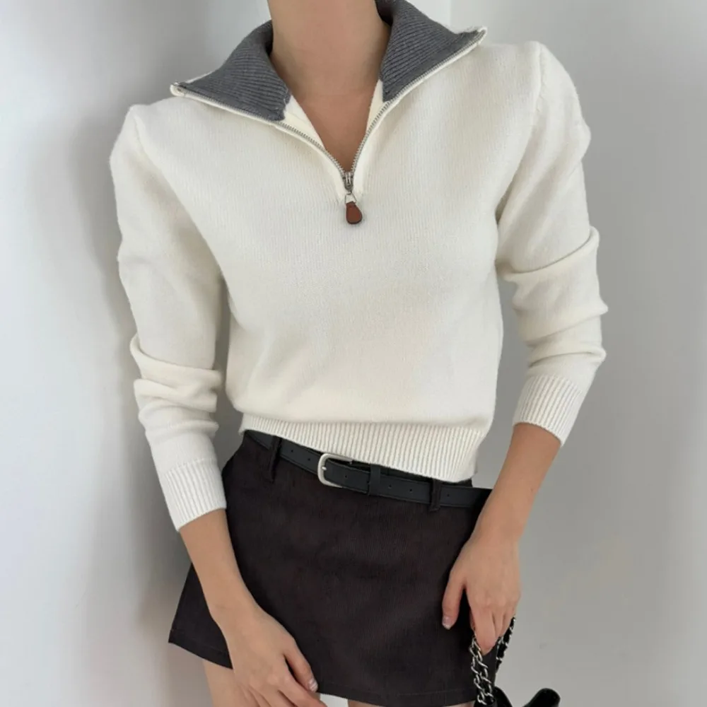 Chique Casual Lange Sve Dameshoodie Kleur Blo Kraag Gebreide Top Koreaanse Sle Herfst Winter Nieuwe collectie Veelzijdige f Zip