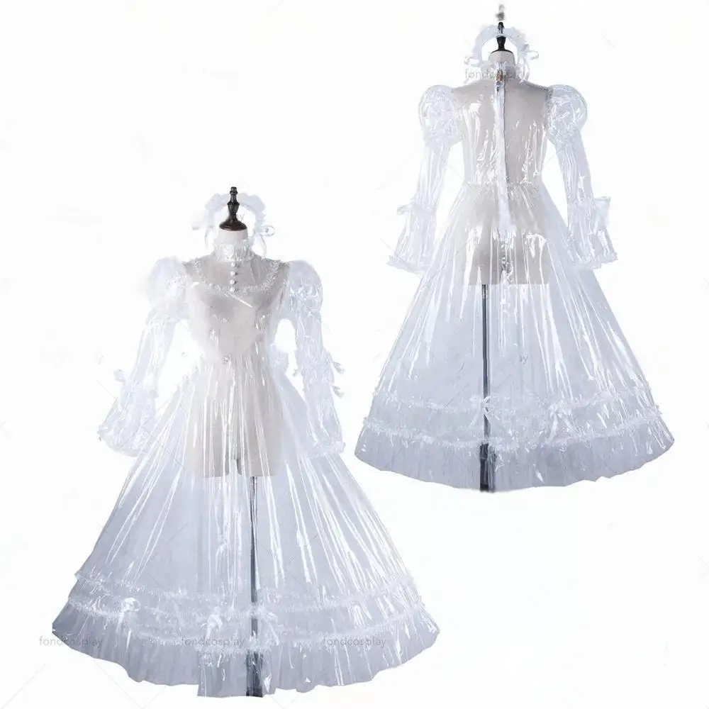 

Sissy White Transparent Sexy Maid Lockable Cosplay Robe PVC Fluffy Long Sleeve Dress Customized Halloween Dress