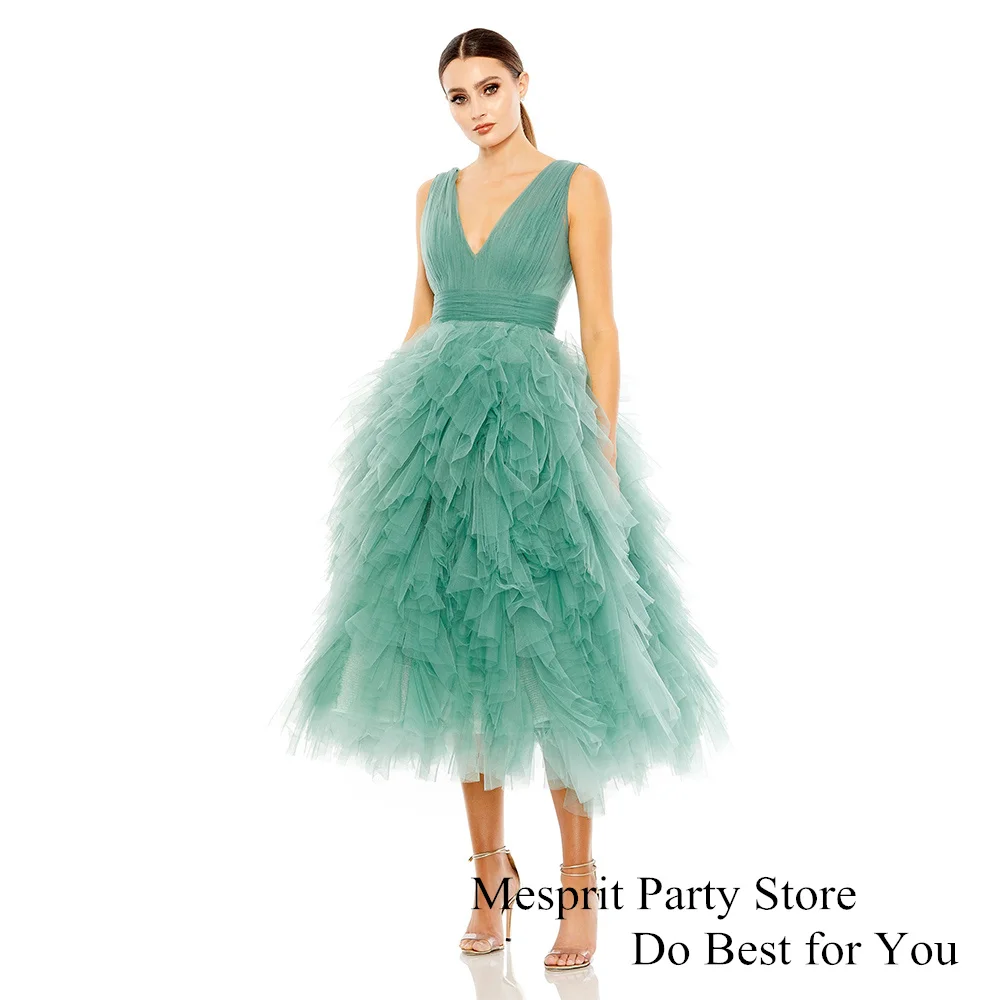 

Mint Cocktail Dress Fashion V Neck Sleeveless Pleat Ruffles Tulle A Line Short Party Gown Lady Evening Dresses for Bridesmaid