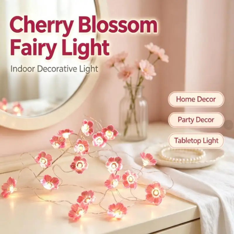 Battery Powered Cherry Blossom Fairy String 20LED Flower, Warm Glow for Indoor Decorative Bedroom Party Wedding Home
