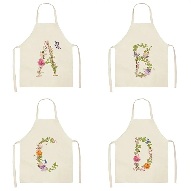 花のモノグラムプリントのノースリーブリネンキッチンエプロン、家庭用クリーニングツール、男性と女性のシェフの調理よだれかけ