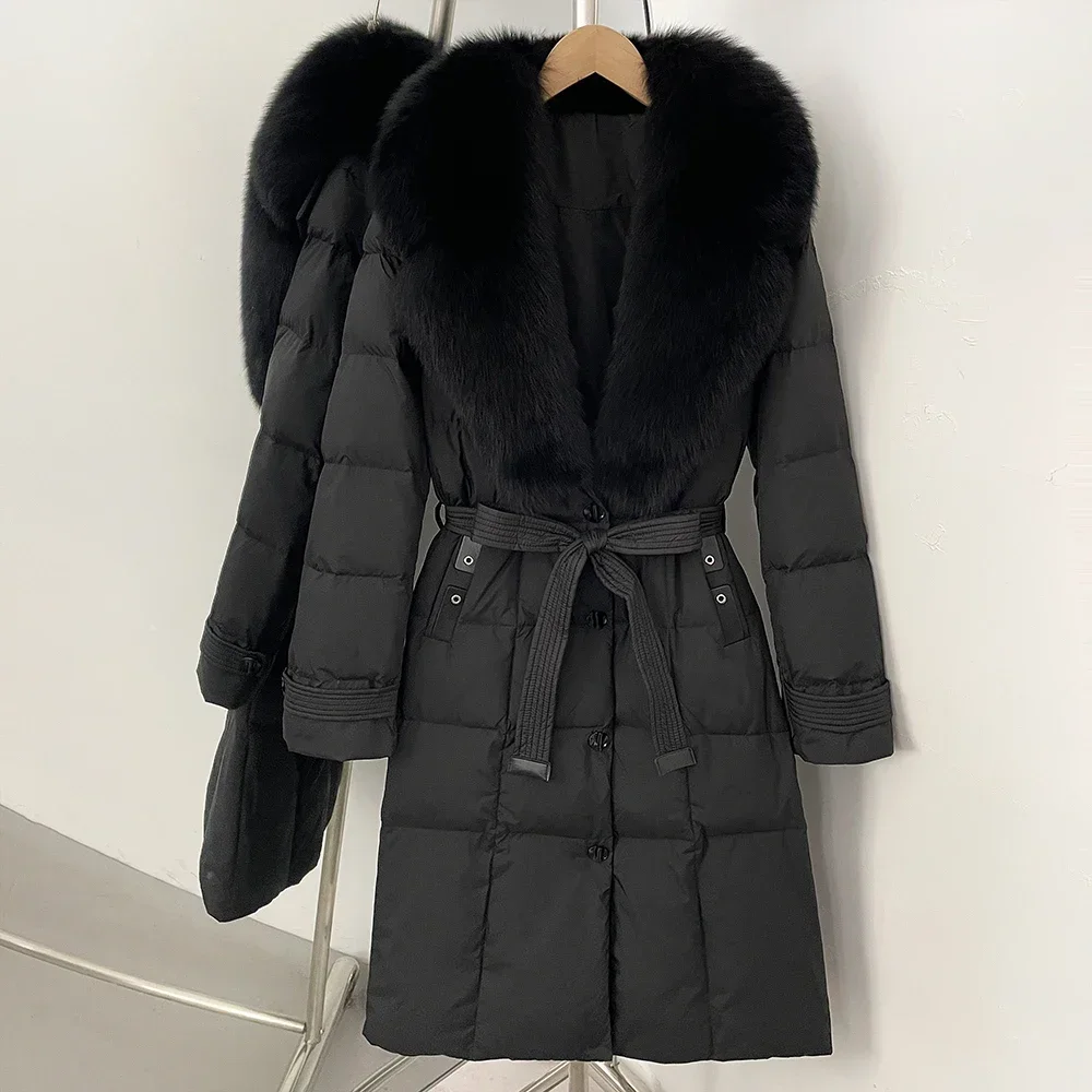 2025 New Winter Real Fox Fur Long Clothes Women Belt Thickened Warm Natural Fur Duck Down Female Luxury Fashion Puffer Jacket