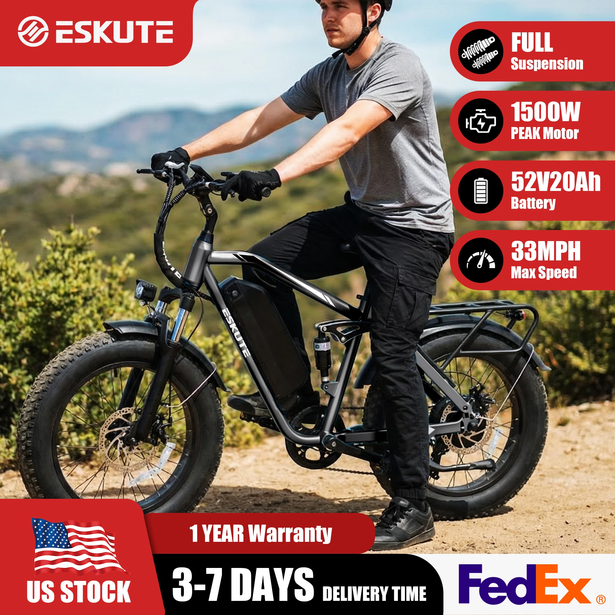 

ESKUTE M300F Electric Bicycle – Full Suspensions 20" Mountain ectric Bike, 1200W Peak, 33MPH, 52V 20.8Ah Battery EBike