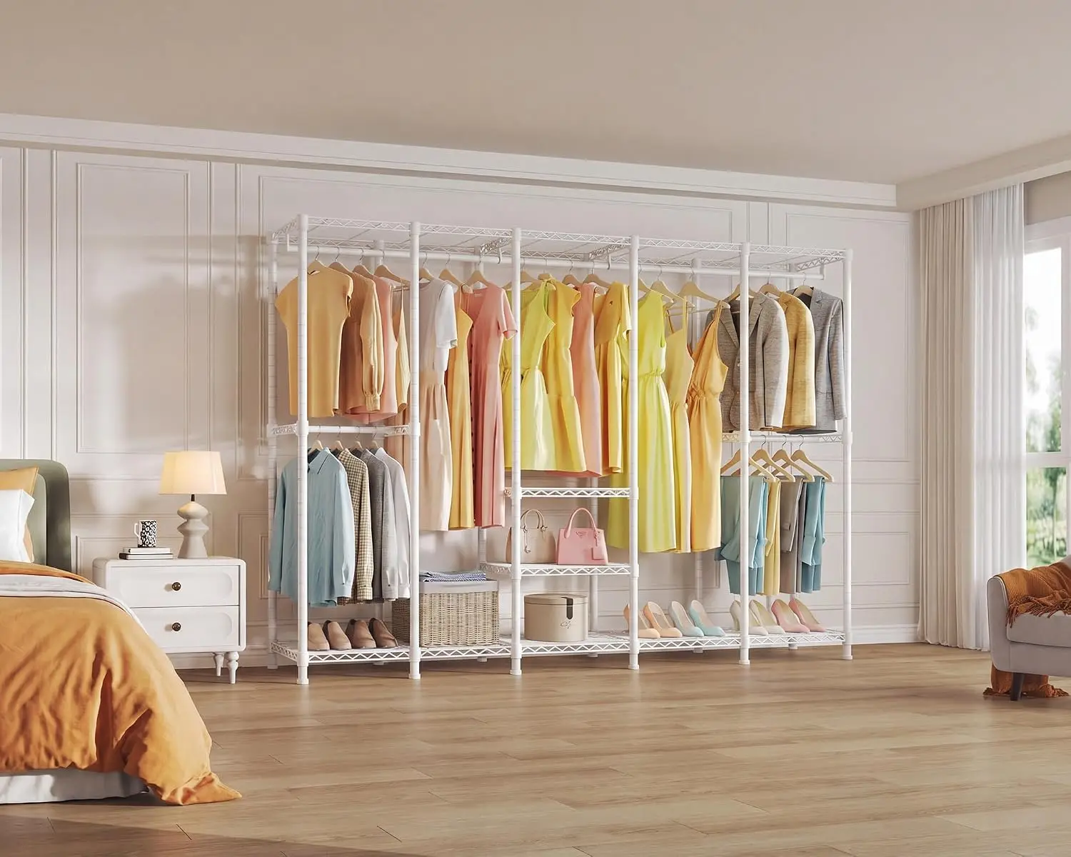 Extra Large Heavy Duty Freestanding Wire Garment Storage Organizer Adjustable Multi Storage Shelves High Load White Household Open Wardrobe System For Daily Clothing Hanging Storage