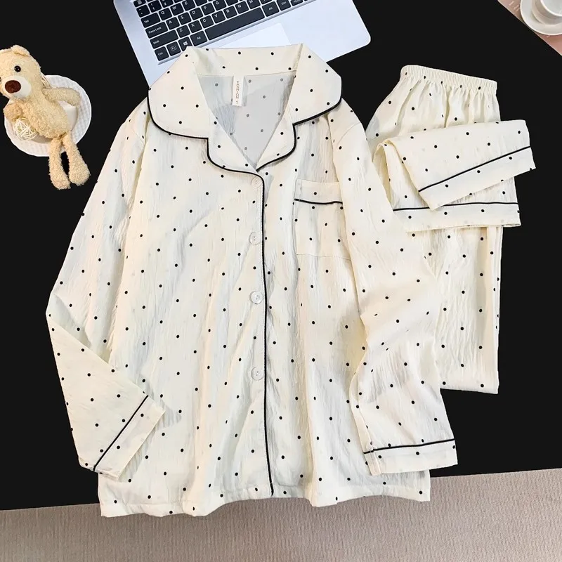Sweet Polka Dot Pajamas for Women Long-Sleeved Spring and Autumn Set Cardigan Outside Soft Sleepwear Homewear Student Nightwear