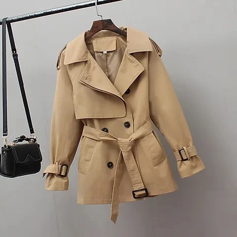 Trench coat curto britânico feminino, jaqueta que combina com tudo, cintura feminina, blusa solta, plus size, novo para primavera, outono, 2022