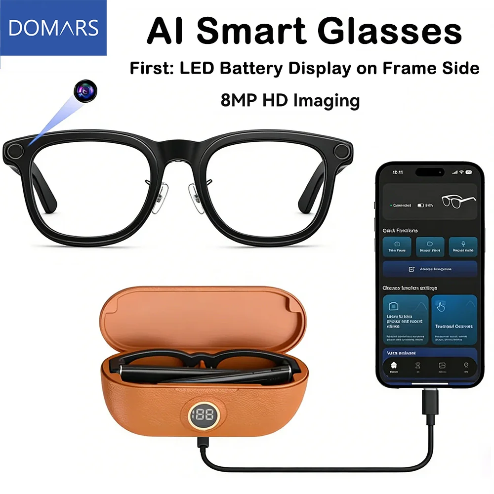 

Умные AI-очки Domars с камерой 8 МП, AI-переводом в реальном времени, записью видео 1200P, воспроизведением музыки и зарядным кейсом на 3600 мАч