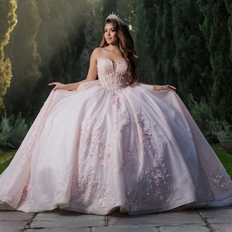 

Pink Shiny Quinceanera Dresses Applique Flower Beading Crystal Corset Tull Princess Off The Shoulder Sweet 16 Dress Vestidos 15