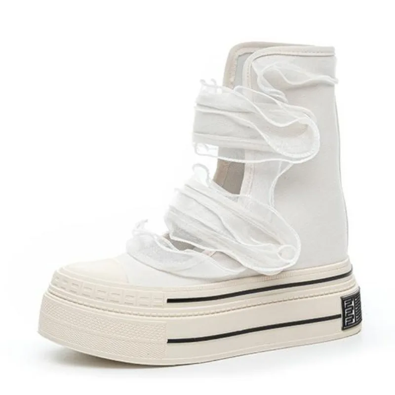 

Сандалии на плоской подошве на платформе 12 см, женские ковбойские парусиновые новые летние ботинки, повседневная обувь на танкетке с крючками, дизайнерская обувь на высоком каблуке с высоким берцем