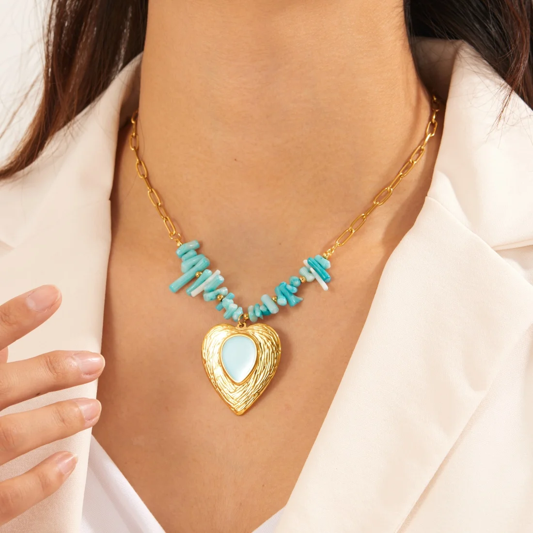 316L StainlessSteel Blue Irregular Crystal Inlay Enamel Big Heart Pendant Beach Style Neck Gift Fashion Charm Jewelry for Women