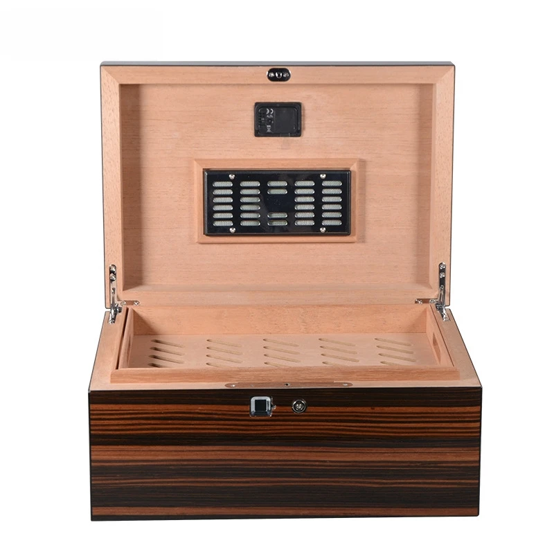 

Piano lacquer perfectly matches cedar wood cigar box with fingerprint lock, dedicated for humidor