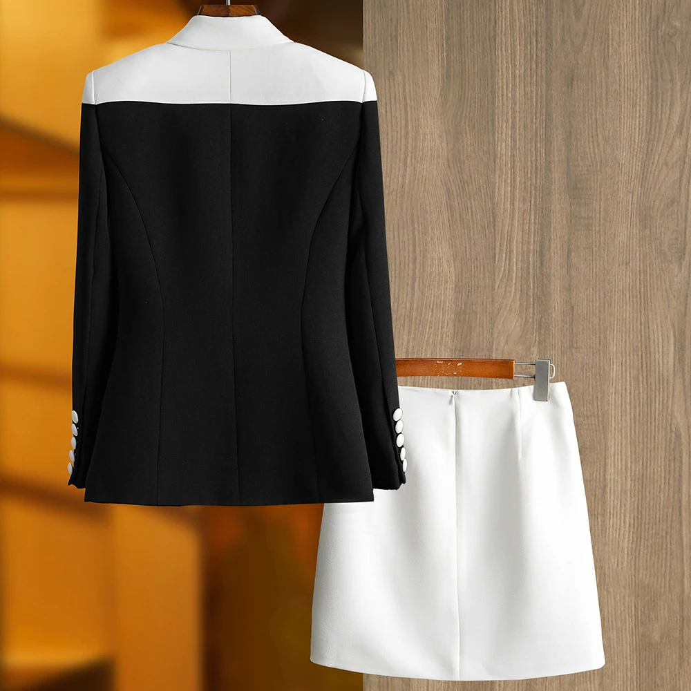 TWOTWINSTYLE Hit Color Two Piece Set For Women Notched Collar Long Sleeve Blazer High Waist Mini Skirt Temperament Sets Female