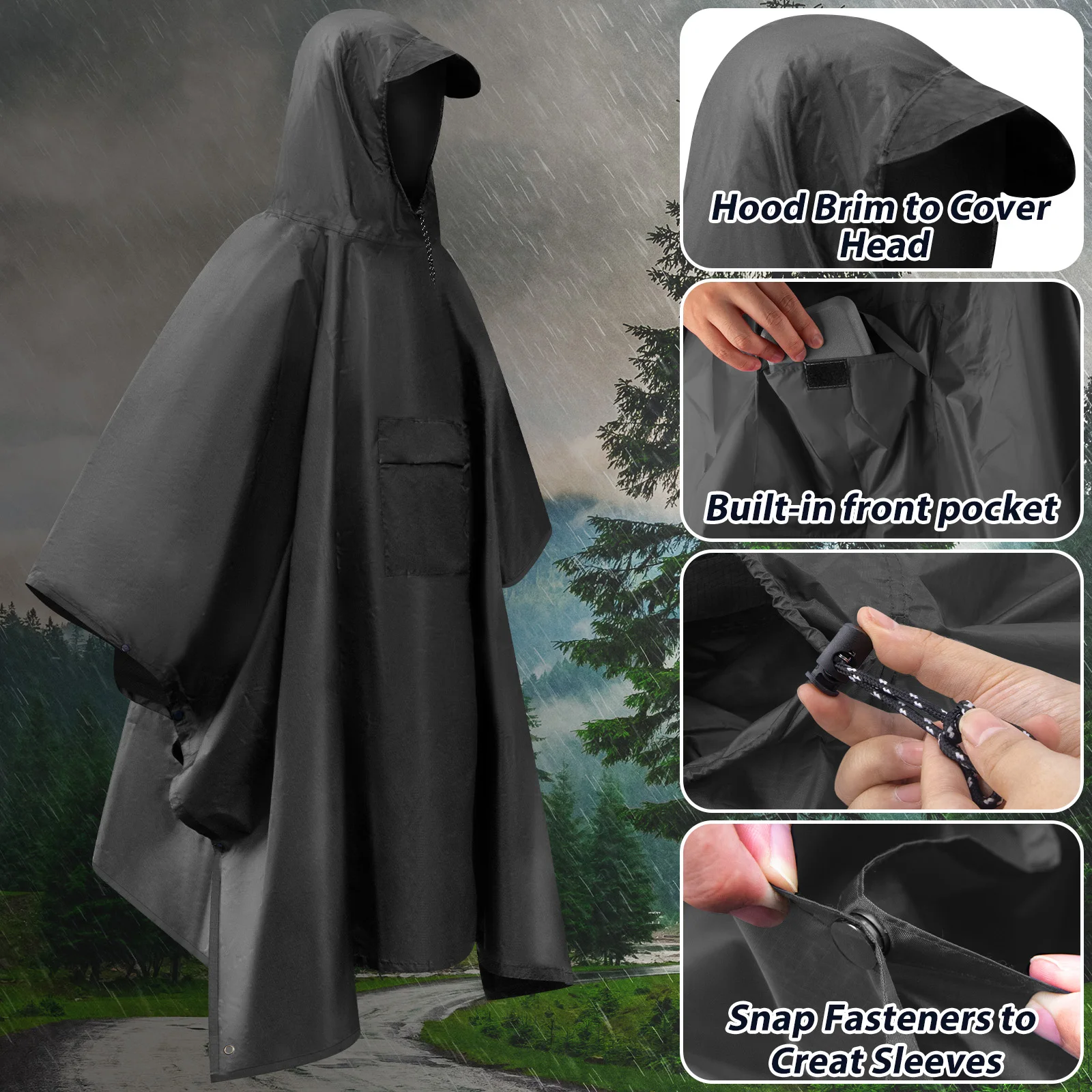 معطف مطر للبالغين معطف واق من المطر خفيف الوزن مقاوم للماء مع خيمة ملابس ضد المطر بغطاء للرأس ﻿ لصيد الأسماك في الهواء الطلق والمشي لمسافات طويلة والتخييم وركوب الدراجات والسفر